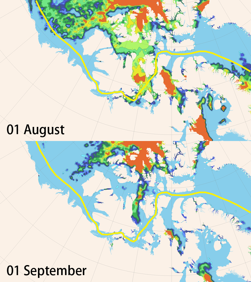 Image of Conditions in the Northwest Passage (Above: As of August 1st, Below: As of September 1st)
