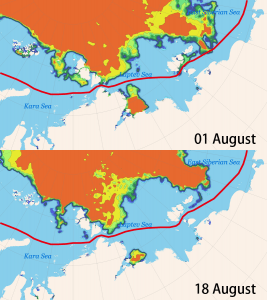 Image of Conditions in the Northeast Passage(Above: As of August 1st, Below: As of August 18th)