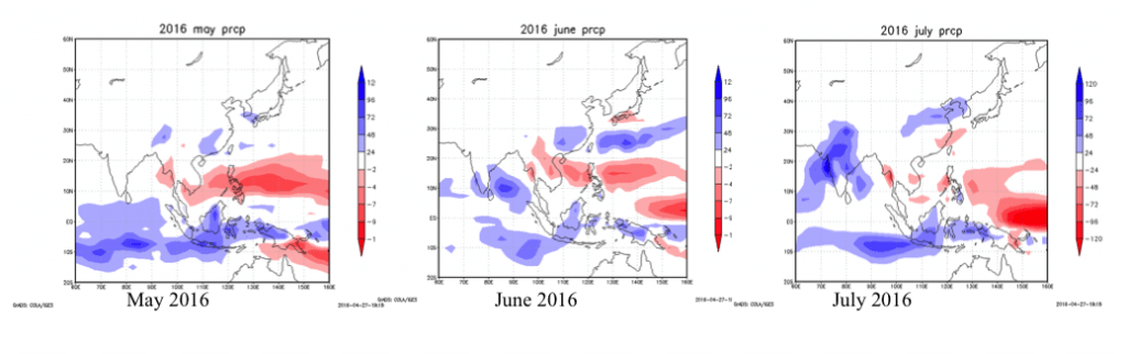 Figure 6: Monthly precipitation anomaly forecast through July (Created by Weathernews using JMA data)