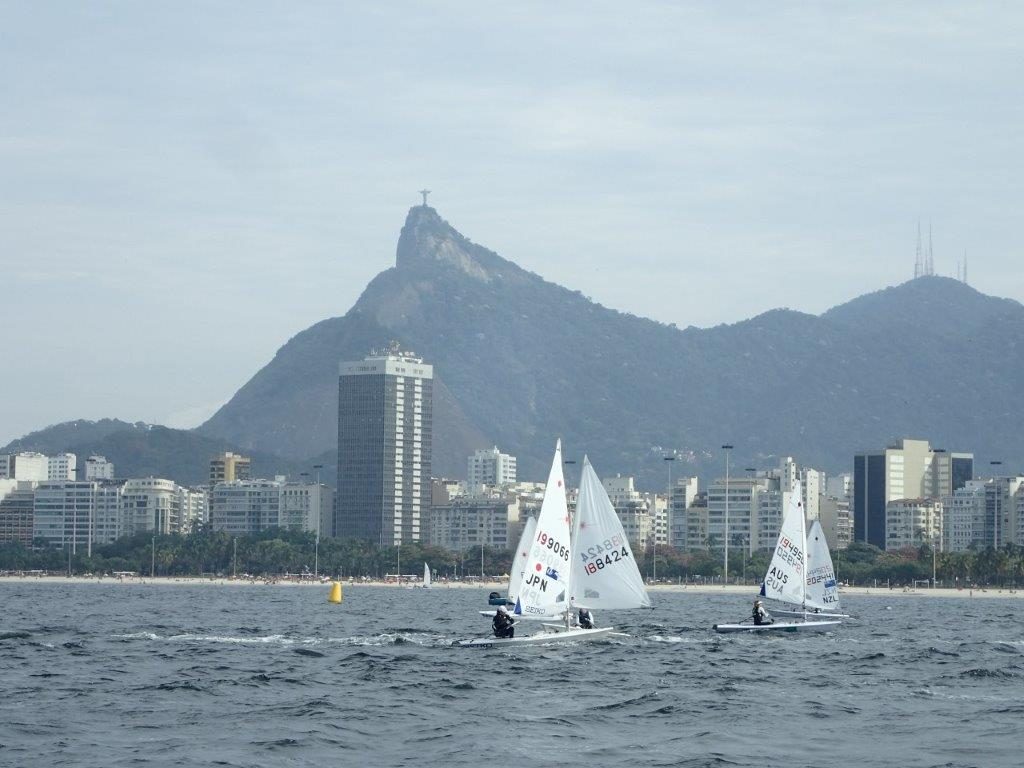 Aimi Tsuchii of the Japan sailing team practicing at the Baia de Guanabara, the location of the medal race in Rio de Janeiro. She is in the boat marked JPN. Photograph provided by the Japan Sailing Team.