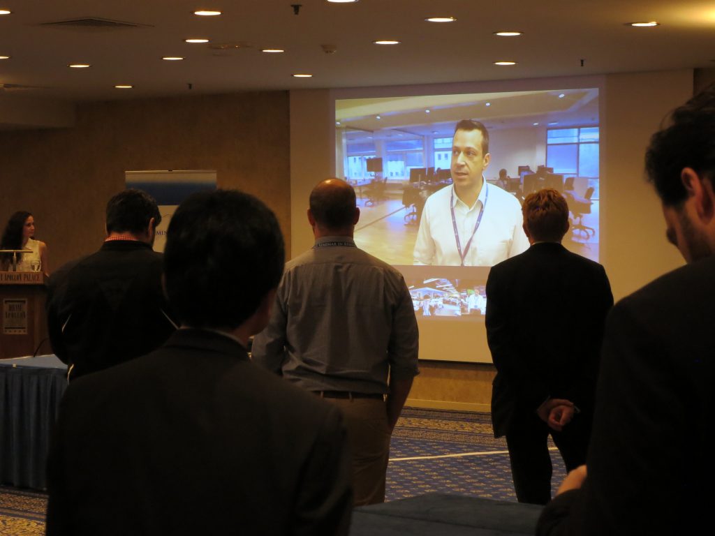 Image of live simulcasting from Weathernews Global  Operations Centers in America, Denmark and Japan
