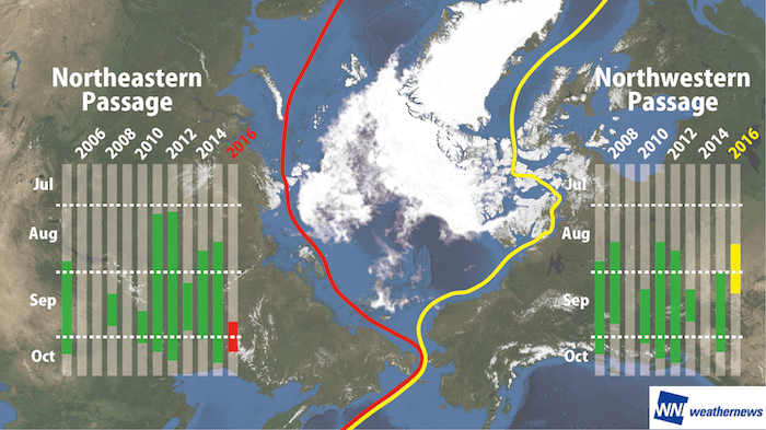 Figure 5: Sea ice analysis result made by the GCOM-W passive microwave observation satellite (left) and the satellite image taken by the Terra visible-light satellite (right) of the Laptev Sea in the Arctic on September 16th