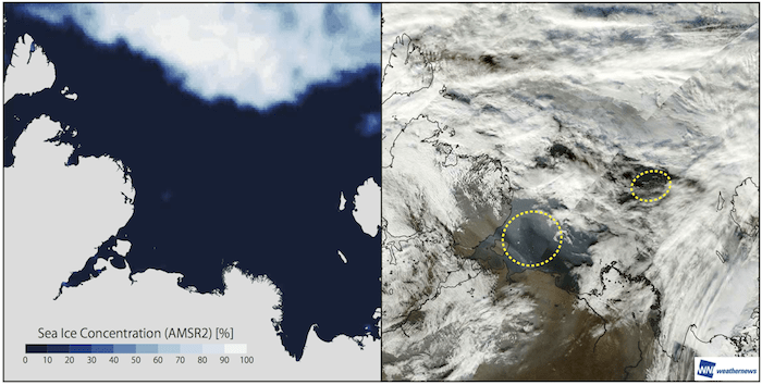 Figure 5: Sea ice analysis result made by the GCOM-W passive microwave observation satellite (left) and the satellite image taken by the Terra visible-light satellite (right) of the Laptev Sea in the Arctic on September 16th